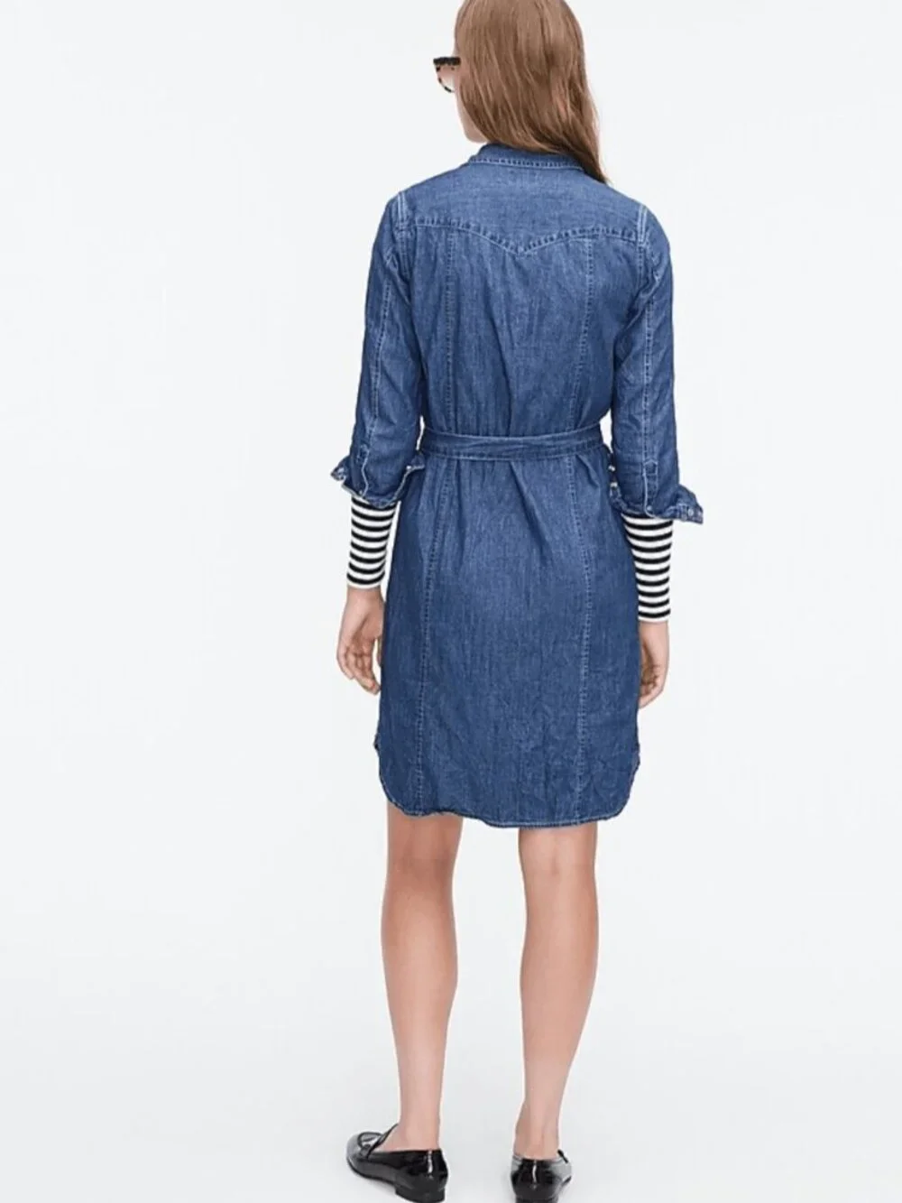 NWT J.Crew Long Sleeve Denim Shirtdress in Blue Tie Waist Snap Front Dress 4